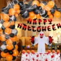 Halloween feest decoratie ballon boog set met banner en enge rekwisieten voor feest - Rood-Zwart Verloop Vleermuis Vlaggenlijn Bloedige Handafdruk Tafelkleed Set