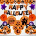 Halloween feestdecoratie set met oranje zwarte ballonnen papieren waaiers en banners. - Halloween Aluminiumfolie Vlaggenlijn Set 3