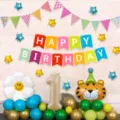 Kids birthday party balloon set with number 1 foil balloon, tiger and banner decorations. - Colorful Animal Birthday Set 1