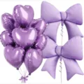 Purple heart and bow foil balloons detail view, perfect for party and birthday decoration setup. - Purple Heart Bow Combination