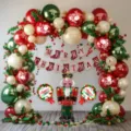 Christmas red balloon arch kit with Nutcracker foil balloon and MERRY CHRISTMAS banner decor. - Christmas Nutcracker Sock Banner Balloon Chain Set
