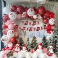 Christmas red and white balloon arch kit with merry christmas banner for holiday party decor. - Christmas Red Pink White Stocking Balloon Chain Set