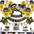 Neujahr Party Dekoration Set mit schwarz goldenen Luftballons Konfetti Banner Kuchendeckel - Neujahr Gold Banner Ballon Set 1