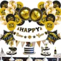Set di decorazioni per feste di Capodanno con palloncini neri e dorati banner e topper per torte. - Set di Palloncini con Stendardo Dorato di Capodanno 3