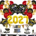 Neujahr 2027 Folienballon Set mit Zahlen Party Dekoration schwarz gold rote Ballons. - Neujahr Gold Banner Ballon Set 3