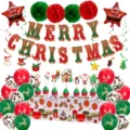 Set di decorazioni natalizie per feste con palloncini striscione pompon e tovaglia - Rosso Verde Natale Banner Tovaglia Palla di Fiore di Carta Set 2609