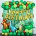 Dinosaur birthday party balloon set with green latex balloons and foil dinosaur decorations. - Dinosaur Luxury Balloon Chain Set 1