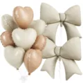 Neutral balloon set featuring beige heart foil balloons and elegant bow balloons for decor. - Caramel White Heart Bow Combination