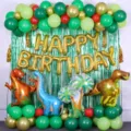 Jungle Dinosaur Balloon Set Birthday Party Decorations with Green Tinsel Backdrop Foil Balloons - Dinosaur Luxury Balloon Chain Set 4