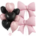 Pink and black heart foil balloons set with large bow balloons for birthday party decor. - Black Pink Heart Bow Combination