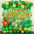 Jungle dinosaur theme balloon set with gold Happy Birthday foil balloons for kids birthday party. - Dinosaur Luxury Balloon Chain Set 7