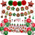 Christmas party decoration set including merry christmas banners balloons cake toppers tablecloths - Red Green Christmas Banner Tablecloth Paper Flower Ball Set 2612