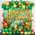 Dinosaur birthday party balloon set with green latex balloons, gold foil letters and large T-Rex. - Dinosaur Luxury Balloon Chain Set 9