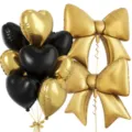 Gold and black heart foil balloons with large bow balloons set for birthday party decorations. - Black Gold Heart Bow Combination