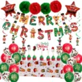 Christmas party decoration set with Merry Christmas banner balloons cake toppers and tablecloth - Red Green Christmas Banner Tablecloth Paper Flower Ball Set 2614
