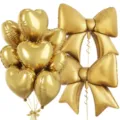 Gold heart and bow foil balloon set for birthday party decorations and celebrations. - Gold Heart Bow Combination