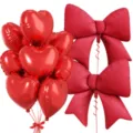 Red heart and big bow foil balloons set for birthday party decorations and festive events. - Red Heart Bow Combination