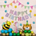 Kids birthday party balloon set featuring cute cartoon tiger and bee foil balloons. - Colorful Animal Birthday Set 2