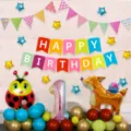 Children's birthday party balloon set with number 1, ladybug, and deer foil balloons. - Colorful Animal Birthday Set 4