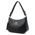 Μαύρη δερμάτινη τσάντα ώμου για γυναίκες, vintage hobo τσάντα με ανάγλυφα λουλούδια. - Μαύρο