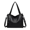 Black leather shoulder bag for women, large capacity multi-compartment crossbody tote. - Black