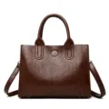 Borsa shopper a mano vintage in pelle cerata da donna, borsa a tracolla marrone minimalista. - Marrone