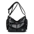 Black multi-pocket retro leather shoulder bag casual commuting daily crossbody tote bag. - Black
