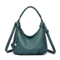 Dark Green Leather Hobo Shoulder Bag Casual Crossbody Handbag with Tassel for Women SKU - Blue
