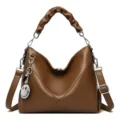 Brown women shoulder bag stylish leather crossbody handbag with chic pleated handle and charm - Brown