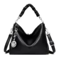 Black leather shoulder bag for women, stylish crossbody hobo bag with rhinestone charm. - Black