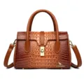 Brown crocodile pattern patent leather shoulder bag women stylish retro handbag with metal lock. - 27*12*18 / Yellow