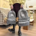 Korean style grey corduroy school backpack with cute bear pendant and lace trim large capacity - Small Without Pendant / Gray