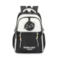 Black white canvas school backpack with cute cat pouch and colorful beaded straps for daily campus. - Black