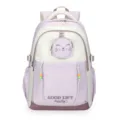 Detailed view of the cute purple and beige school backpack featuring a sweet cat design pocket. - Purple