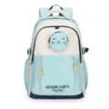 Close-up details of the cute light blue school backpack featuring a cat pouch and beaded drawstrings. - Blue