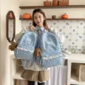 Lightweight corduroy school backpack with cute bear pendant and lace trim for daily use. - Small Without Pendant / Blue