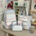 Blue and white plaid student backpack set, cute multi-compartment canvas school bag. - Light Blue