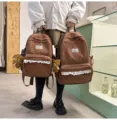 Cute corduroy school backpack with bear pendant, large capacity Korean style casual bag. - Small Without Pendant / Coffee