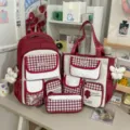 Red white plaid student backpack set with multi pockets school bag tote cute style - Backpack Style / Burgundy