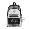 Black and white plaid school backpack with polka dots and cute plush pendant for students. - With Pendant / Black