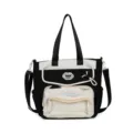 Black and white canvas tote bag with transparent front pocket, large capacity school bag. - Shoulder Bag / Black