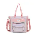 Cute student large capacity canvas tote bag with transparent front pocket and shoulder strap. - Pink