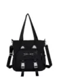 Black canvas tote bag with cute cat face design, versatile student shoulder bag and crossbody. - With Pendant / Black