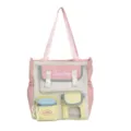 Japanese style college student shoulder bag, multi-pocket canvas tote bag for school girls. - With Pendant / Pink & Yellow