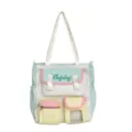 Japanese style canvas shoulder bag, cute pastel college student multi-pocket tote bag - With Pendant / Green & Yellow