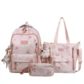 Pink canvas school backpack set with matching tote bag and pencil case for students and teens. - Pink