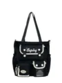 Black canvas student shoulder bag with multi-pockets, large capacity casual tote for school girls. - With Pendant / Black