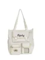 Canvas shoulder bag student casual large capacity tote bag school bookbag for girls - With Pendant / Off White