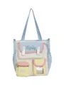 Casual colorblock canvas shoulder bag with multi pockets for student daily commute and school. - Blue and Yellow