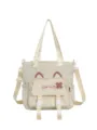 Cute cat canvas tote bag for women students, casual shoulder crossbody travel handbag beige. - With Pendant / White